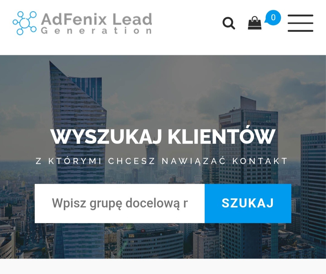 Witryna AdFenix Lead Generation z hasłem 'Wyszukaj klientów' i polem do wpisania grupy docelowej na tle panoramy miasta z wieżowcami.