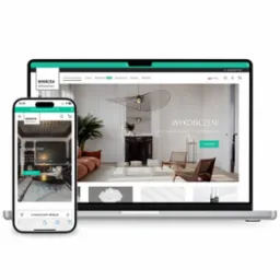 Prezentacja responsywnej strony sklepu z materiałami wykończeniowymi na laptopie i smartfonie; widok wnętrza z elementami dekoracyjnymi.