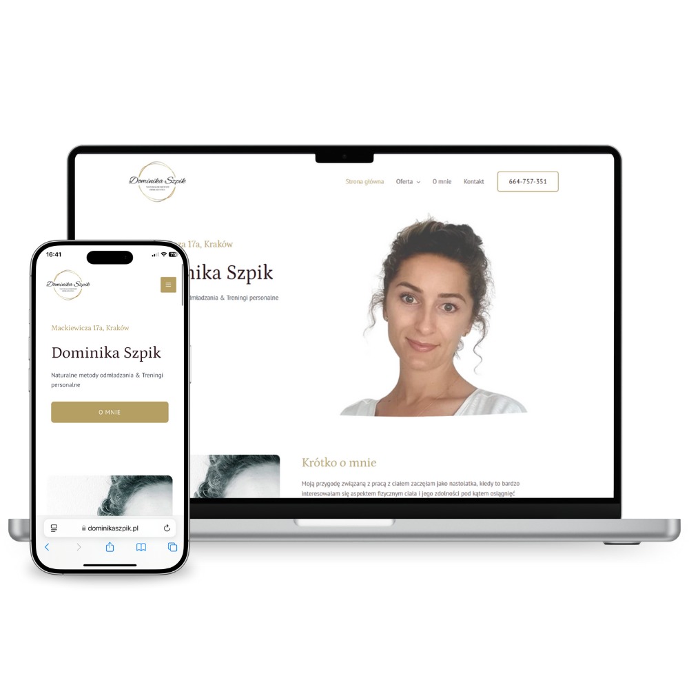 Responsywna strona internetowa Dominiki Szpik na laptopie i smartfonie. Widoczny portret kobiety, logo i tekst o odmładzaniu i treningach personalnych.