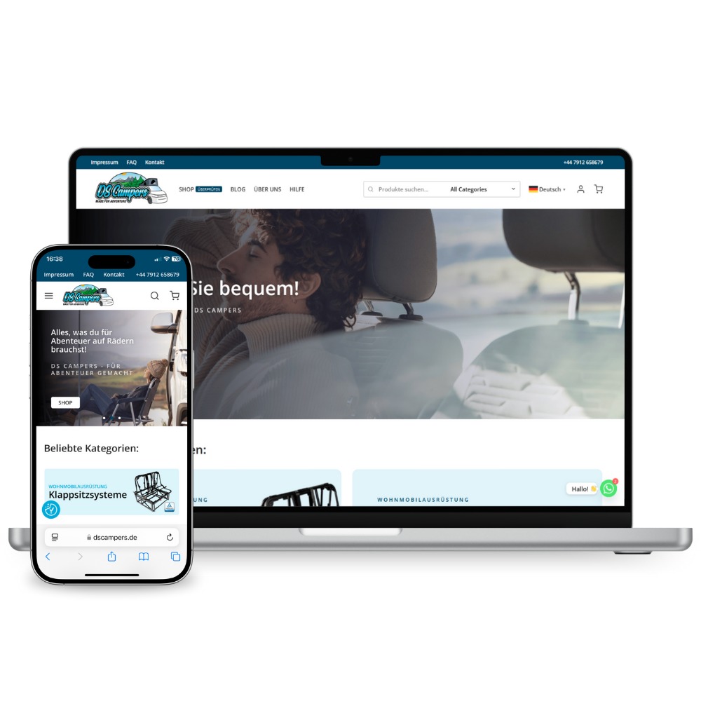 Laptop i smartfon prezentują stronę internetową DS Campers z ofertą wyposażenia dla kamperów, widoczne logo i menu nawigacyjne. Strona responsywna.