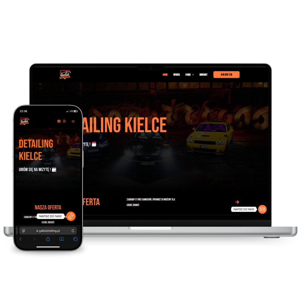 Responsywna strona www detailing Kielce na laptopie i smartfonie. Ciemna kolorystyka, auta w tle, logo Galio. Widoczne menu i numer telefonu. Prezentacja strony na urządzeniach.