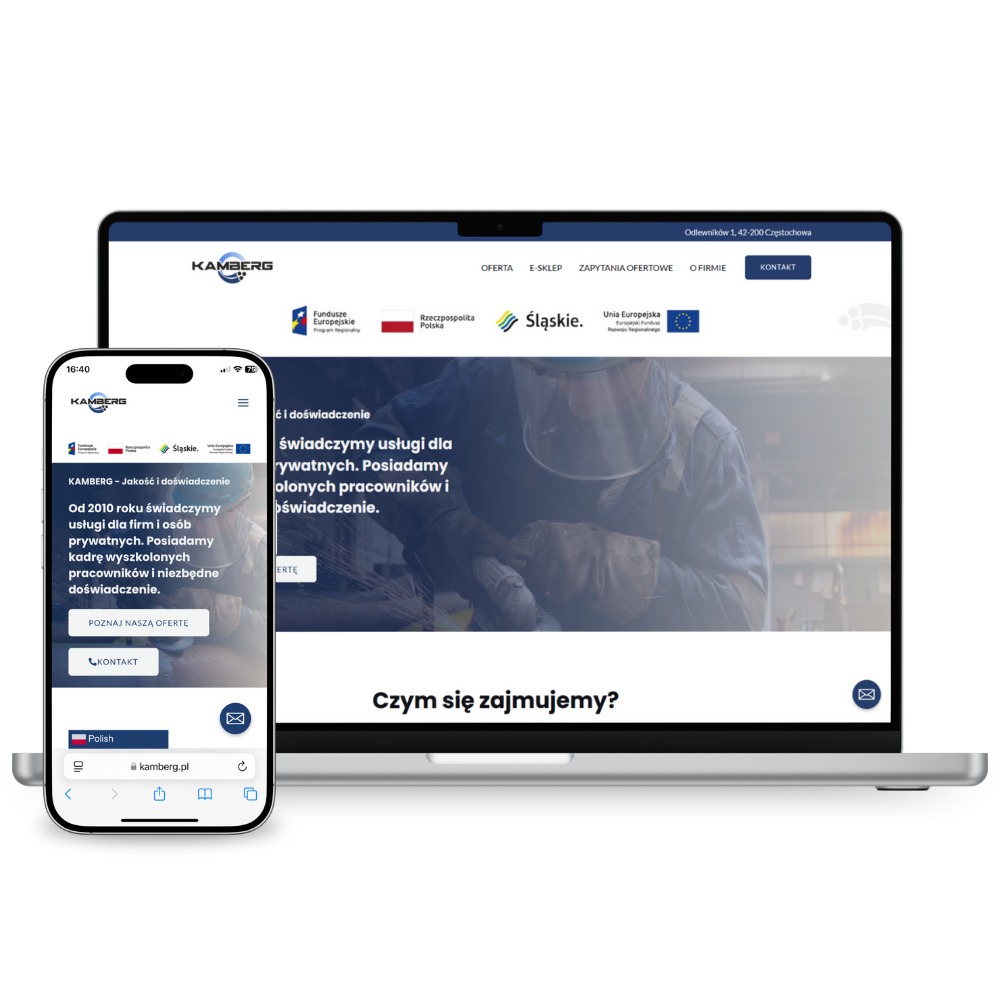 Responsywna strona www firmy Kamberg na laptopie i smartfonie. Widoczny nagłówek, logo, menu i treść strony głównej. Projekt strony w odcieniach niebieskiego, szarości i bieli.