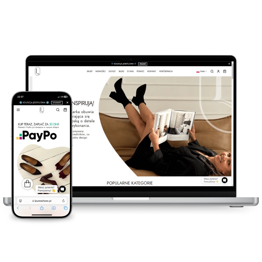 Prezentacja responsywnej strony laureeshoes.pl na laptopie i telefonie. Na ekranie laptopa kobieta czyta magazyn, na telefonie widoczne baleriny i logo PayPo.