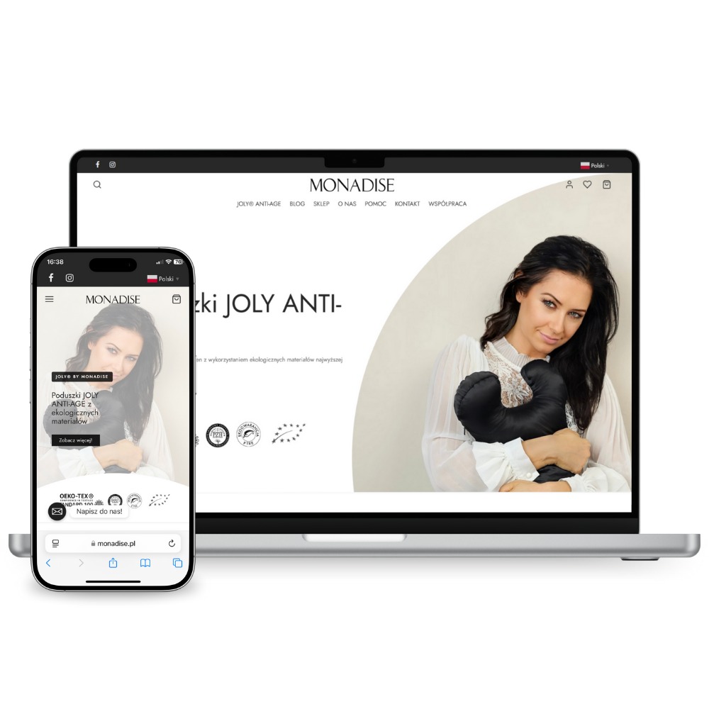 Prezentacja strony internetowej Monadise na laptopie i smartfonie. Widoczny interfejs użytkownika, nawigacja i grafika z kobietą trzymającą czarną poduszkę.