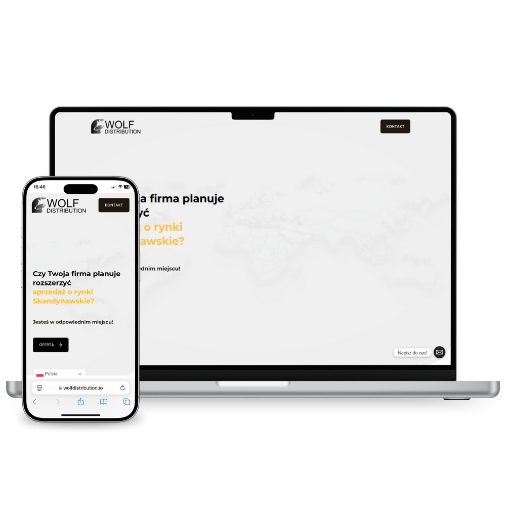 Prezentacja strony internetowej Wolf Distribution na laptopie i smartfonie. Widoczny interfejs użytkownika, logo firmy i hasło o ekspansji na rynki skandynawskie.