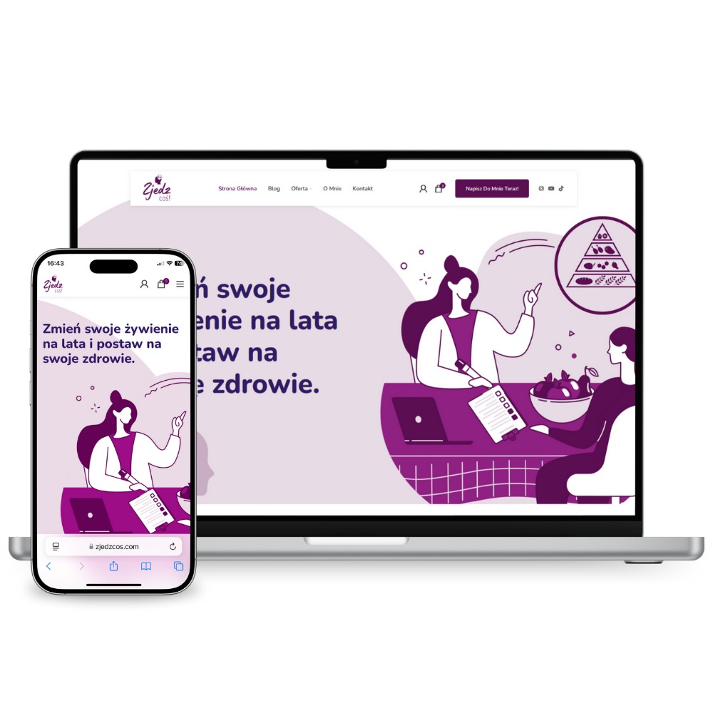 Prezentacja strony internetowej zjedzcos.com na laptopie i smartfonie. Fioletowa grafika z ilustracjami i tekstem zachęcającym do zmiany nawyków żywieniowych.