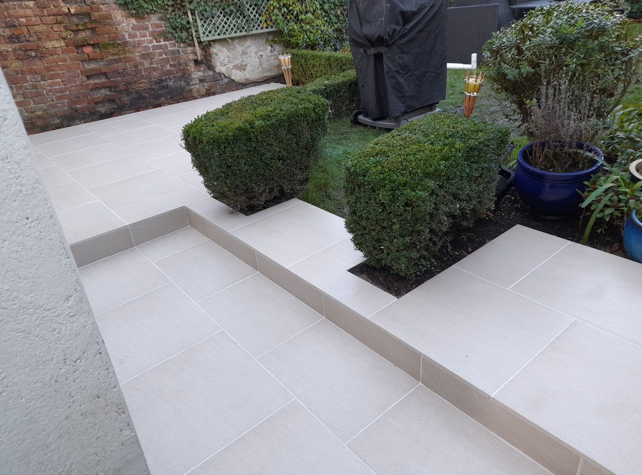 Jasne płytki tarasowe z dekoracyjnymi schodkami i geometrycznie przyciętymi krzewami bukszpanu, tworzące nowoczesną aranżację ogrodu przydomowego.