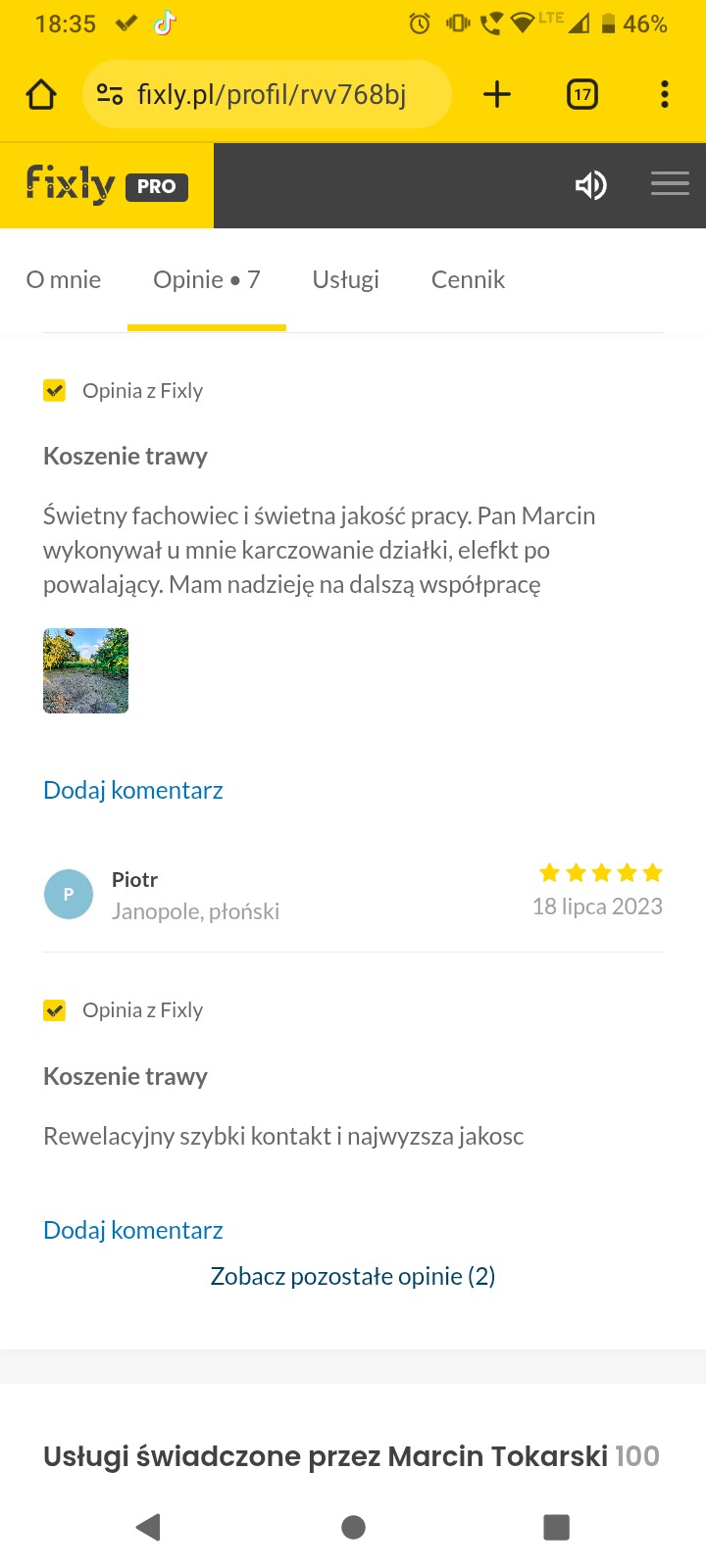 Zrzut ekranu profilu Fixly z opiniami o usłudze koszenia trawy. Widoczne oceny, komentarze klientów i nazwa wykonawcy Marcin Tokarski.