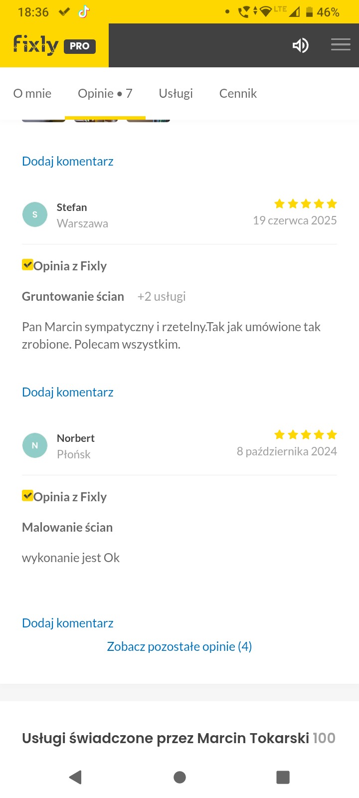 Opinie klientów o usłudze gruntowania i malowania ścian, widoczne oceny i komentarze na platformie Fixly, świadczące o zadowoleniu z wykonanej pracy.