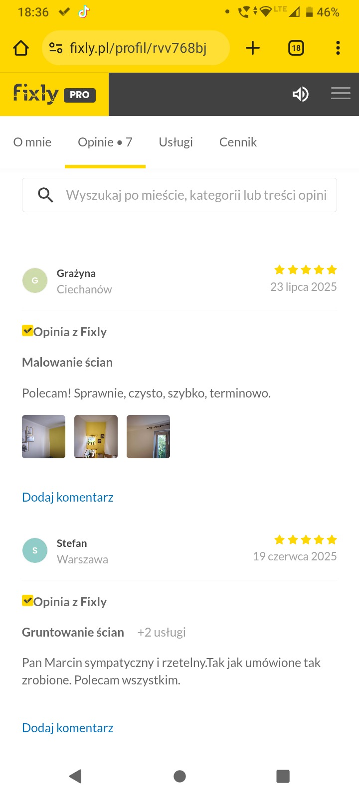 Opinia z Fixly o malowaniu ścian w Ciechanowie. Klient poleca sprawność i czystość wykonania. Usługi malarskie w Ojrzeń.