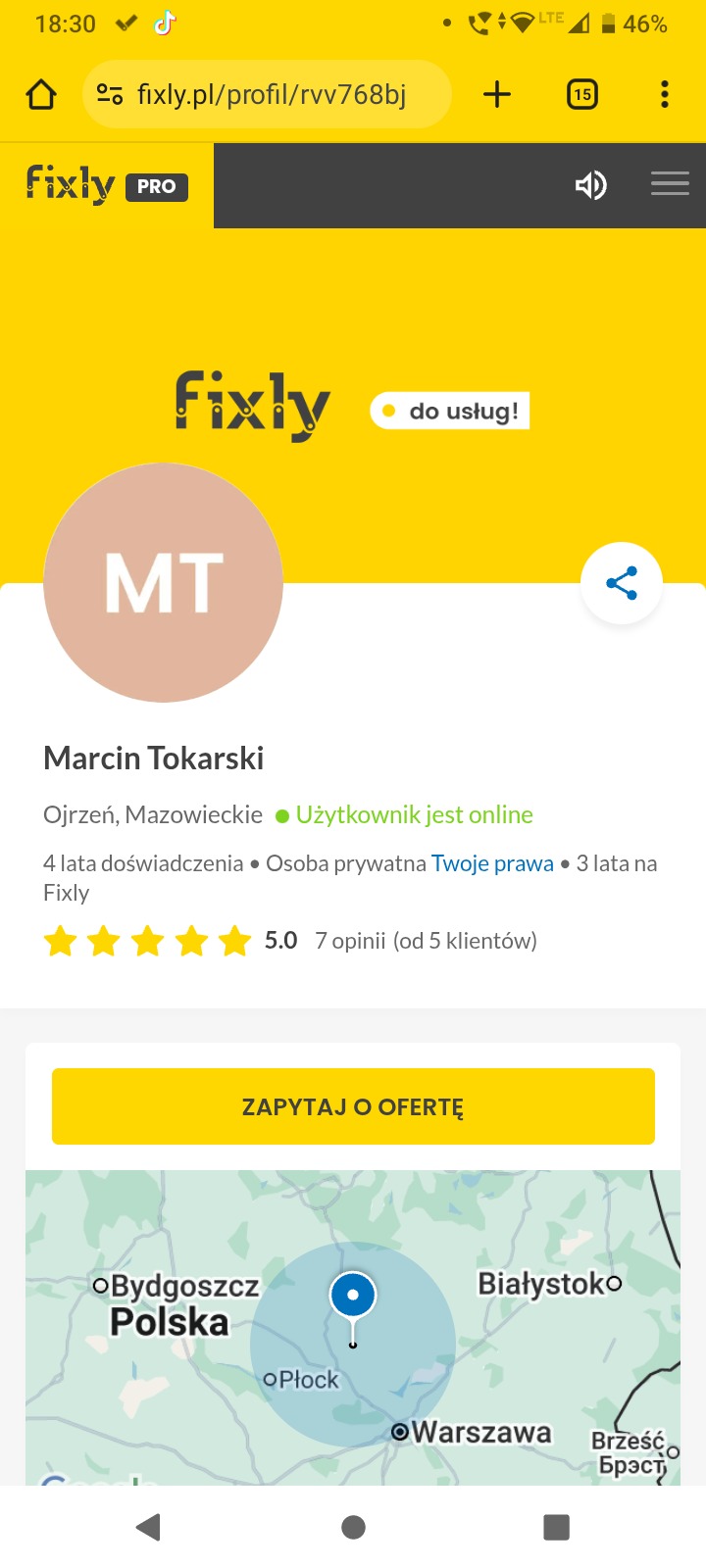 Profil firmy Marcin Tokarski na platformie Fixly. Żółte tło, logo Fixly, zdjęcie profilowe z inicjałami MT, ocena 5.0, mapa z lokalizacją w Polsce. Widoczny przycisk 'Zapytaj o ofertę'.
