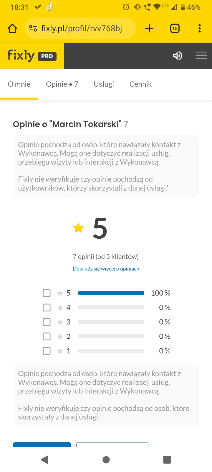 Profil firmy Fixly z oceną 5 gwiazdek od 7 opinii o Marcinie Tokarskim. Wykres słupkowy pokazuje 100% ocen na 5 gwiazdek. Widoczny pasek adresu strony.