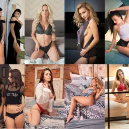 Mozaika z ośmiu zdjęć modelek w r&oacute;żnorodnych pozach i stylizacjach, od eleganckich sukien po bieliznę, na tle zr&oacute;żnicowanych wnętrz, w tym ł&oacute;żek i ścian.