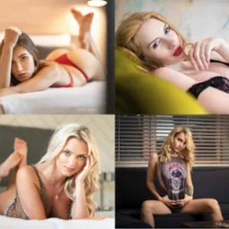 Kolaż czterech portretowych ujęć modelek w bieliźnie, zróżnicowane pozy i oświetlenie, ukazujące profesjonalizm fotografa w sesjach kobiecych.