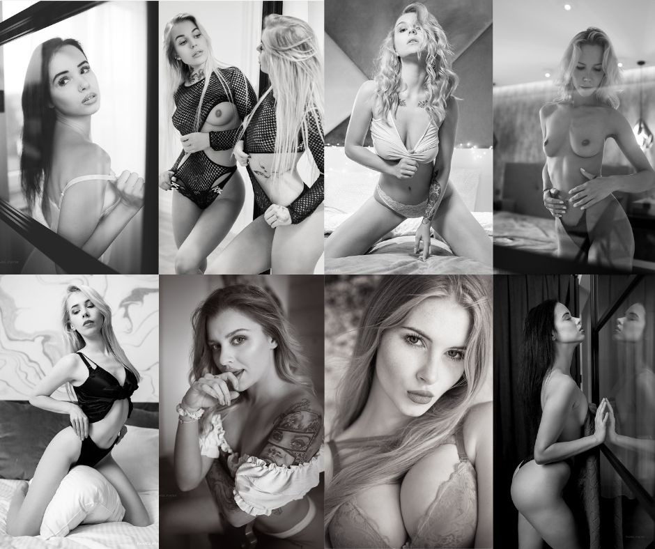 Czarno-biała kompilacja zdjęć modelek w różnych pozach i stylizacjach, ukazująca różnorodność ujęć i estetyki sesji kobiecej. Subtelne światło, zmysłowe kadry.
