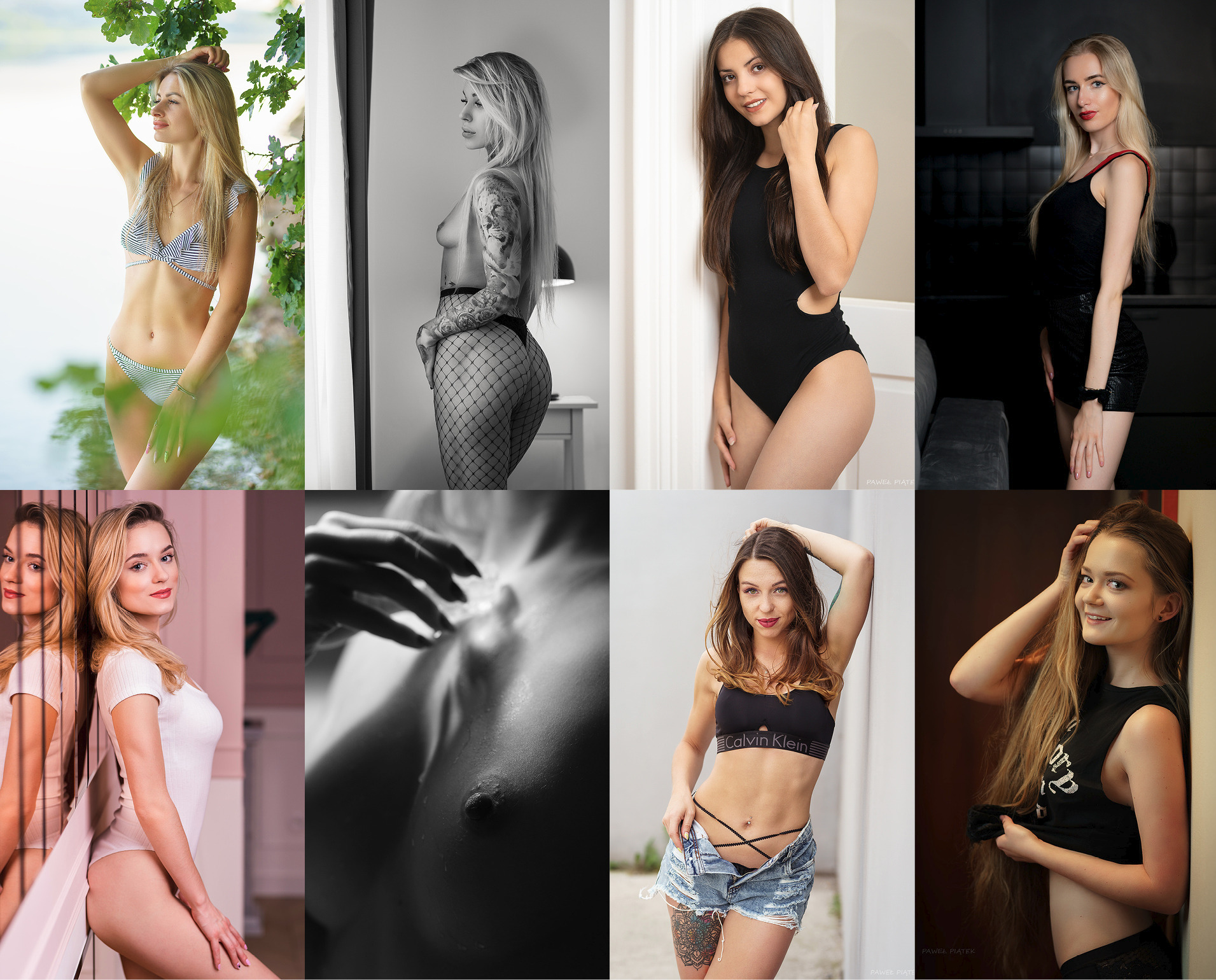 Mozaika z ośmiu kadrów z sesji zdjęciowych kobiet w różnorodnych stylizacjach i pozach, od bikini po body, w różnych sceneriach i oświetleniu, prezentująca umiejętności fotografa.