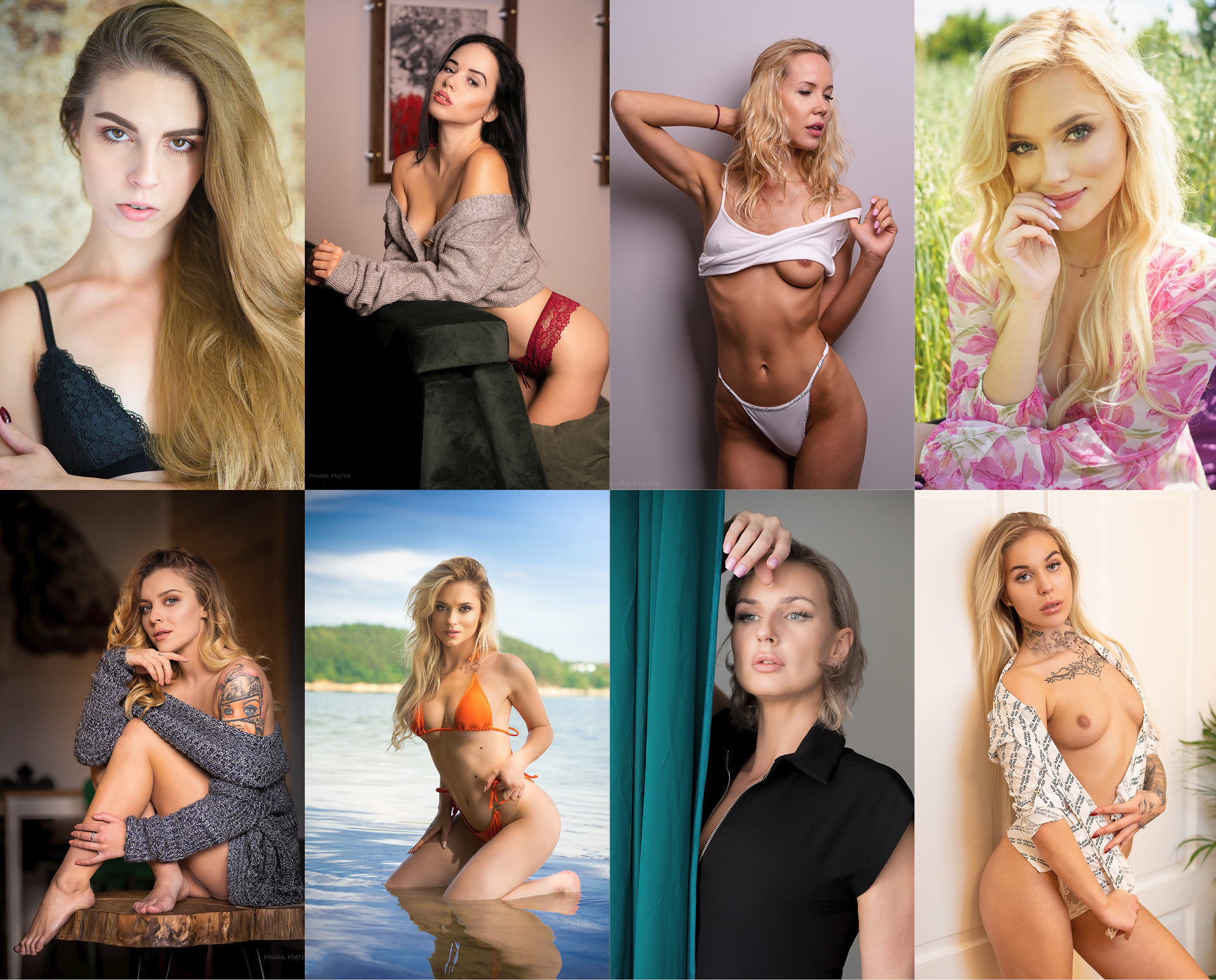 Mozaika ośmiu portretów kobiet w różnorodnych stylizacjach i sceneriach, od subtelnej elegancji po naturalne piękno na tle krajobrazu. Zróżnicowane oświetlenie podkreśla detale.