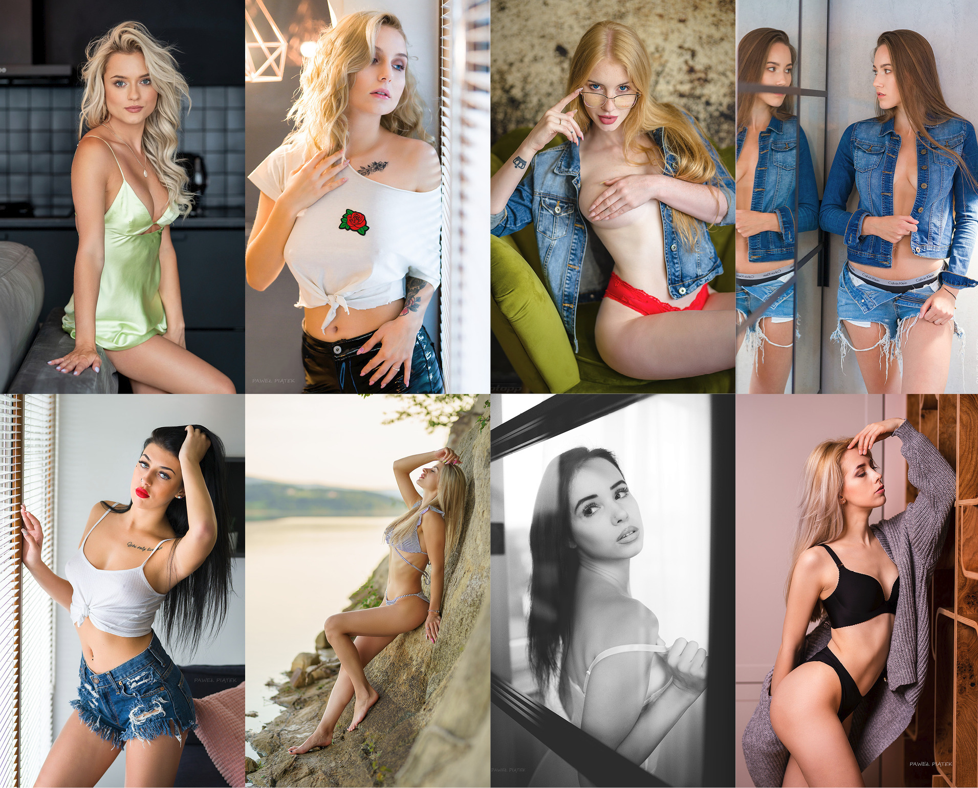 Mozaika z ośmiu portretowych ujęć kobiet w różnorodnych stylizacjach, od zwiewnej satyny po denim i bieliznę, na zróżnicowanych tłach, od wnętrz po plener.