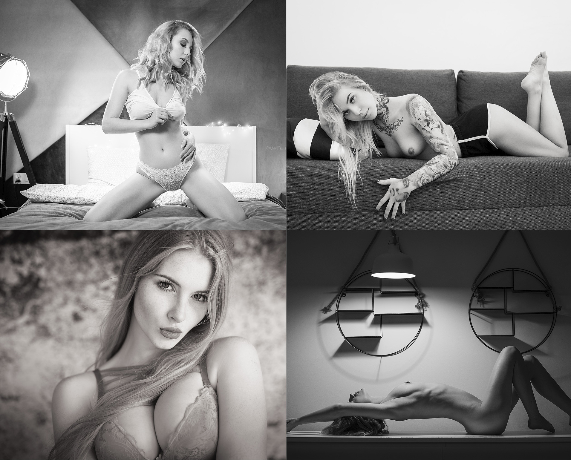 Czarno-biały kolaż: sesja w bieliźnie na łóżku, wytatuowana modelka na kanapie, portret kobiety z piegami i naga kobieta na blacie pod lampą.