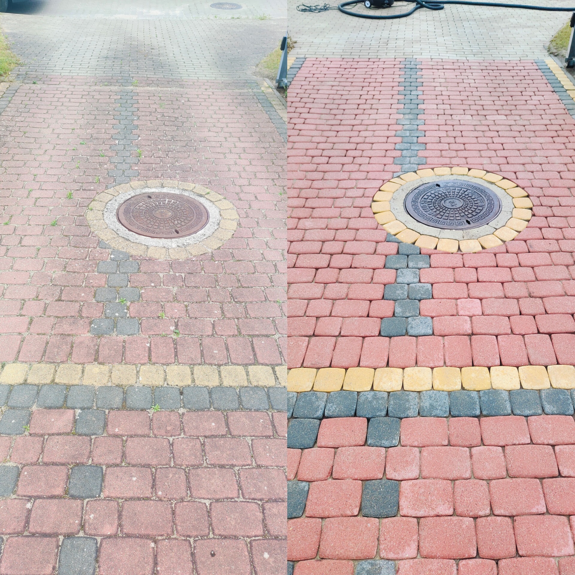 Kostka brukowa przed i po czyszczeniu, z widoczną różnicą w kolorze i usuniętymi zabrudzeniami, studzienka kanalizacyjna na środku.