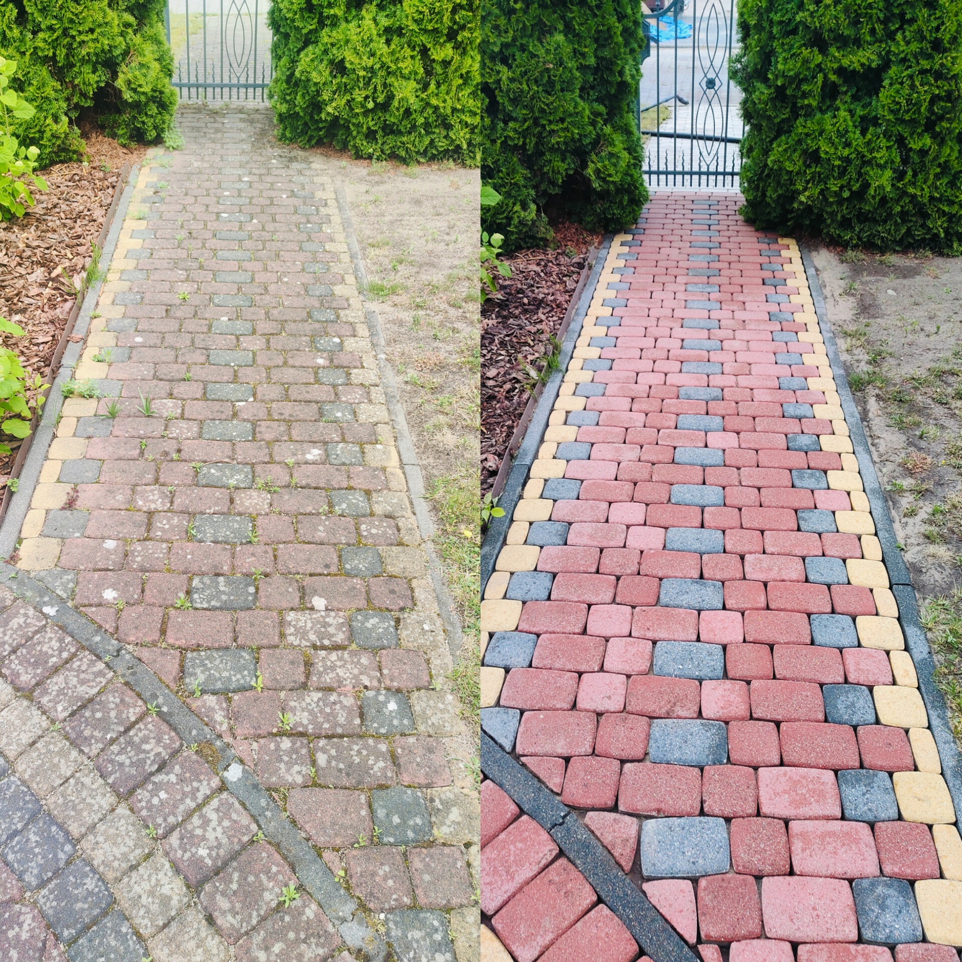 Kostka brukowa przed i po czyszczeniu, z widocznymi różnicami w kolorze i usuniętych zabrudzeniach, otoczona zielenią i metalową bramą.
