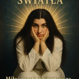 Plakat z kobietą w bieli i napisem 'Miłość jest najważniejsza i pokona wszelkie zło.' otoczona aureolą. Tytuł: 'Kaznodziejka światła'.