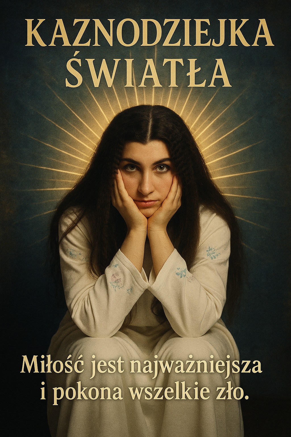 Plakat z kobietą w bieli i napisem 'Miłość jest najważniejsza i pokona wszelkie zło.' otoczona aureolą. Tytuł: 'Kaznodziejka światła'.