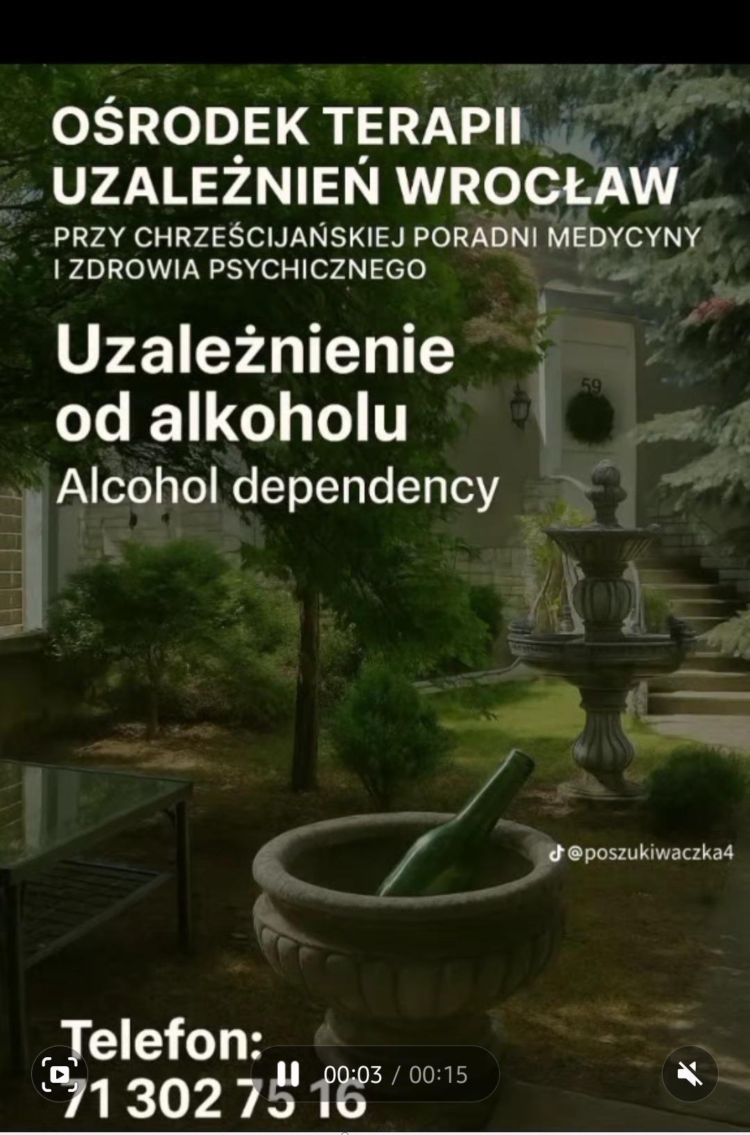 Ośrodek terapii uzależnień we Wrocławiu, butelka w donicy, fontanna w tle. Napis: Uzależnienie od alkoholu, telefon kontaktowy.