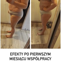 Martyna Bakun - Zdjęcie typu 'przed i po' przedstawia sylwetkę kobiety w bieliźnie, prezentujące efekty po miesiącu pracy nad redukcją, wyrzeźbieniem i ujędrnieniem ciała.