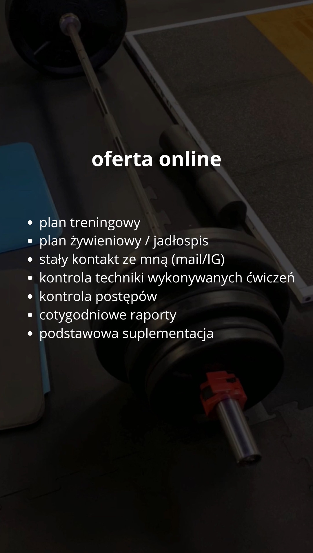 Oferta online planu treningowego i żywieniowego z kontrolą postępów, widoczna sztanga z obciążeniem i mata do ćwiczeń. Trening personalny online.