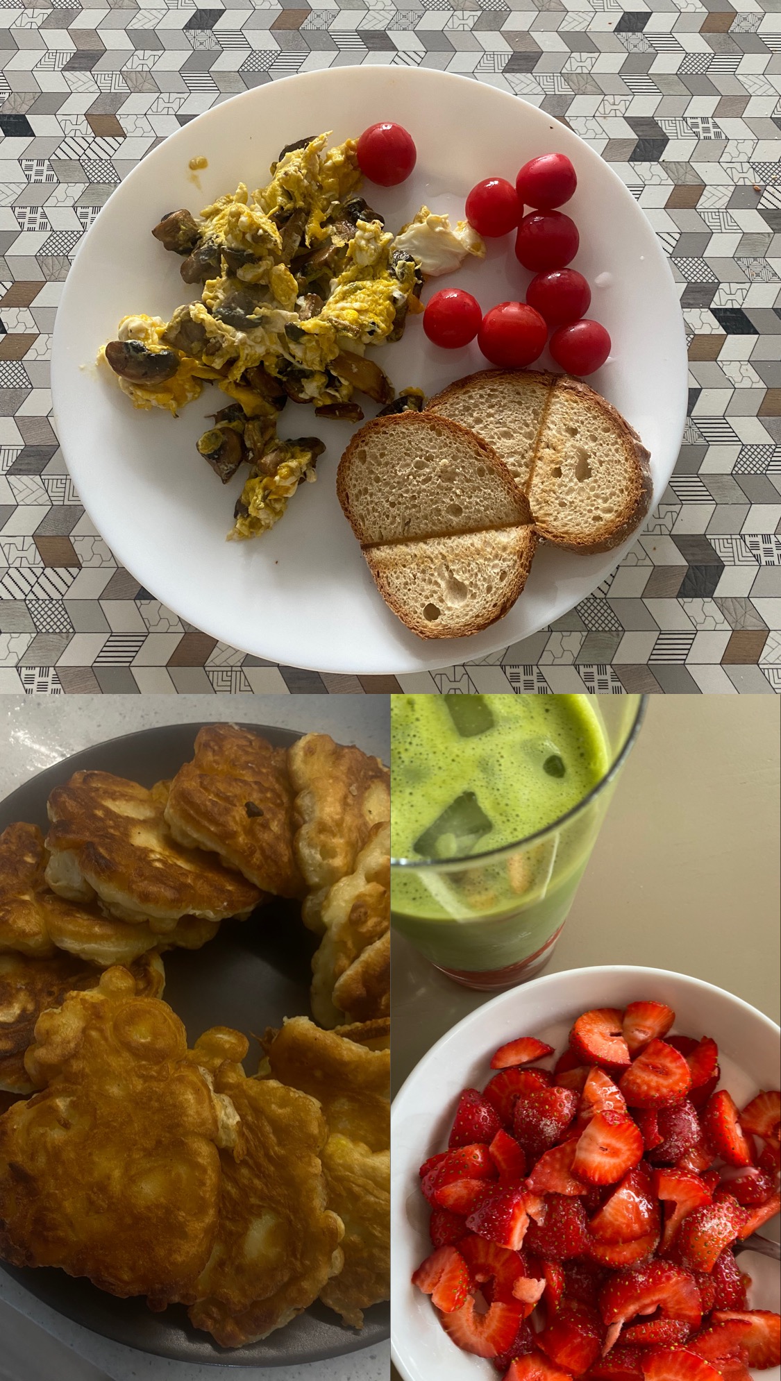 Kompozycja czterech dań: jajecznica z grzybami, pomidorki, tosty, naleśniki i truskawki, oraz zielony napój w szklance. Różnorodność posiłków.
