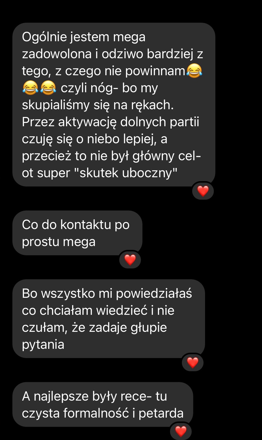 Zrzut ekranu konwersacji SMS z pozytywną opinią klienta o usłudze. Tekst chwali kontakt, efekty i recepty. Użyte emotikony serca.