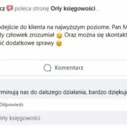 Opinia klienta na Facebooku o 'Orły księgowości': 'Pełen profesjonalizm, podejście do klienta na najwyższym poziomie...' z logo firmy.