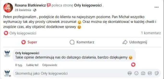 Opinia klienta na Facebooku o 'Orły księgowości': 'Pełen profesjonalizm, podejście do klienta na najwyższym poziomie...' z logo firmy.