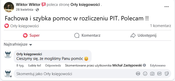 Post z Facebooka z rekomendacją usług księgowych firmy 'Orły księgowości' dotyczącej rozliczenia PIT. Widoczny komentarz zadowolonego klienta.