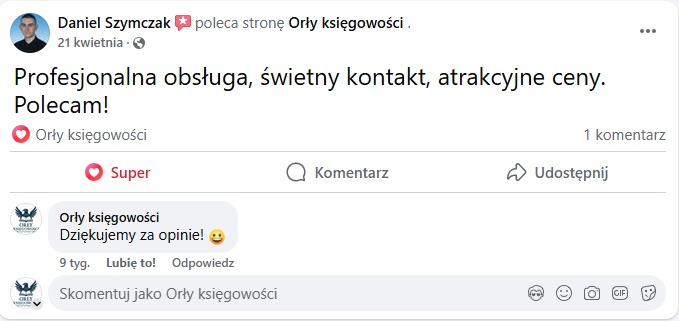 Zrzut ekranu z Facebooka z poleceniem 'Orły księgowości' przez Daniela Szymczaka. Pozytywna opinia o profesjonalnej obsłudze, kontakcie i cenach.