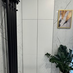 Eryk Pierzchała - Biała szafa wnękowa z frontami bez uchwytów, na tle marmurowej ściany, z czarnym grzejnikiem żeberkowym i zieloną rośliną w ozdobnej donicy.