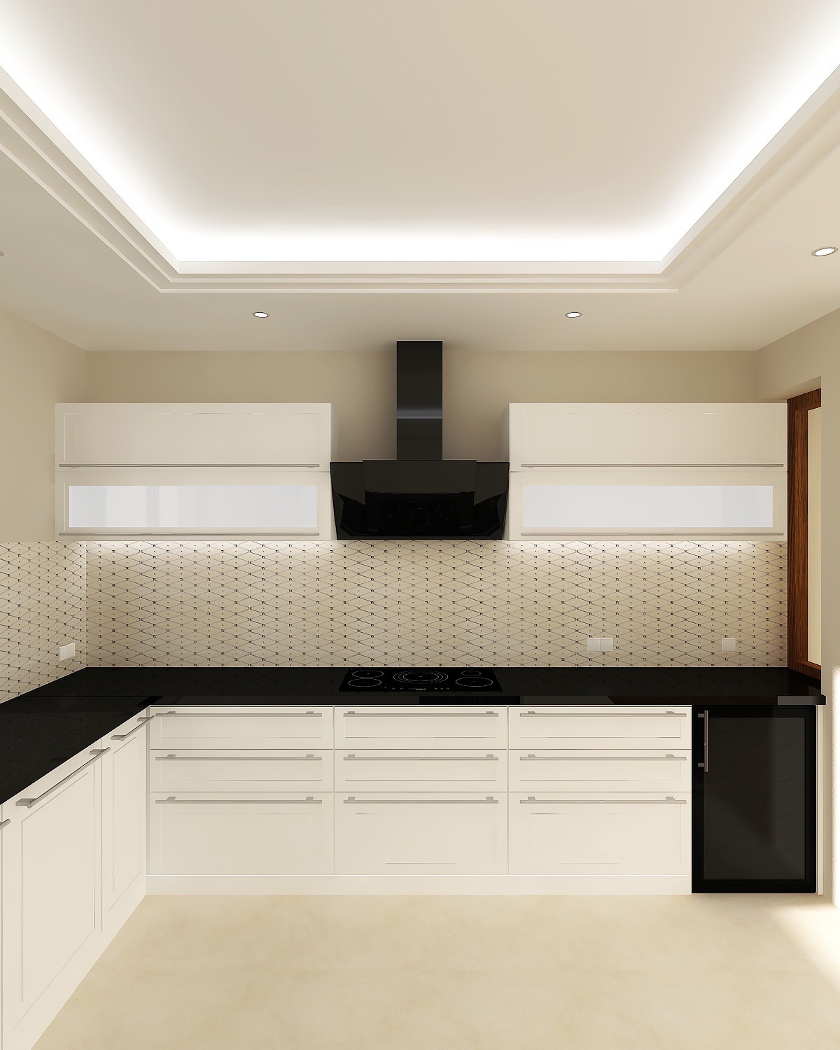 Nowoczesna kuchnia z białymi frontami, czarnym blatem i okapem. Geometryczny wzór na ścianie. Minimalistyczny design z oświetleniem LED.