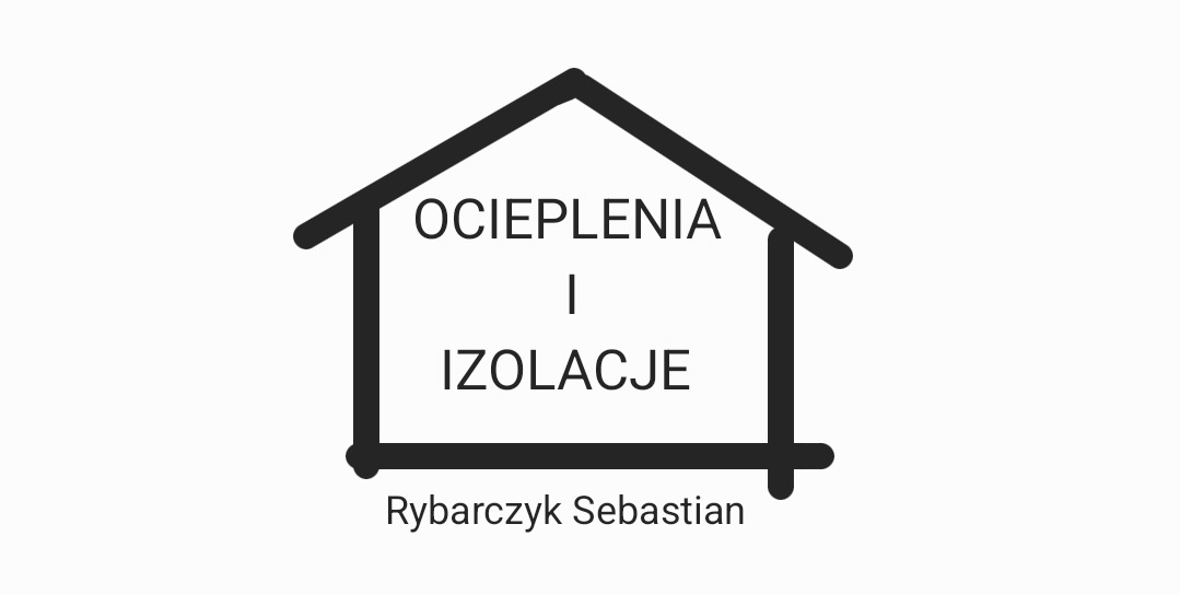 Minimalistyczne logo firmy Rybarczyk Sebastian, przedstawiające czarny kontur domu z napisem 'Ocieplenia | Izolacje' na białym tle.