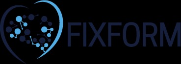 Logo 'FIXFORM' z motywem serca i mózgu z połączeniami neuronowymi w odcieniach niebieskiego na czarnym tle. Minimalistyczny design.