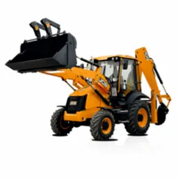 Żółta koparko-ładowarka JCB na białym tle, z podniesioną przednią łyżką i widocznym ramieniem koparki z tyłu. Opony z wyraźnym bieżnikiem, kabina z widocznymi szybami.