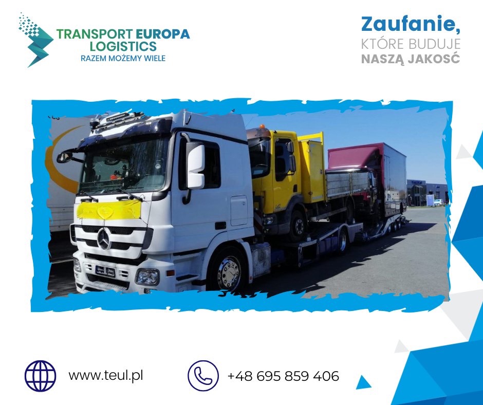 Ciężarówka transportowa przewożąca na platformie dwie inne ciężarówki, widok z boku, błękitne obramowanie z danymi kontaktowymi firmy.