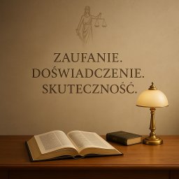 Kancelaria Adwokacka Adwokat Arkadiusz Malak Sprawy rodzinne o rozwód alimenty kontakty Sprawy majątkowe Nieruchomości Sprawy karne - Stylowe biuro prawnicze: otwarta księga, lampka, statuetka Temidy i hasła „Zaufanie, Doświadczenie, Skuteczność” na ścianie w ciepłej tonacji.
