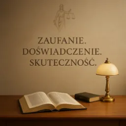 Stylowe biuro prawnicze: otwarta księga, lampka, statuetka Temidy i hasła „Zaufanie, Doświadczenie, Skuteczność” na ścianie w ciepłej tonacji.