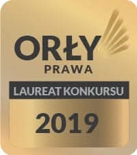 Złota statuetka „Orły Prawa - Laureat Konkursu 2019” z wyraźnym napisem, umieszczona na jednolitym, złotym tle. Nagroda o kwadratowym kształcie z zaokrąglonymi rogami.