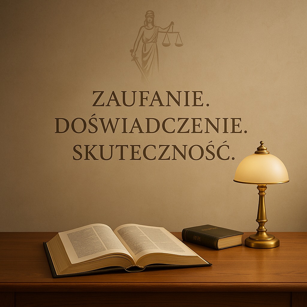 Stylowe biuro prawnicze: otwarta księga, lampka, statuetka Temidy i hasła „Zaufanie, Doświadczenie, Skuteczność” na ścianie w ciepłej tonacji.