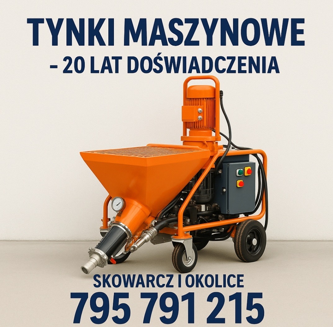 Pomarańczowa maszyna do tynkowania z napisem 'Tynki Maszynowe - 20 lat doświadczenia' i numerem telefonu na jasnym tle. Skowarcz i okolice.