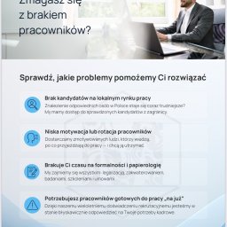 Zapewniamy pełną obsługę: legalizację pracy, zakwaterowanie, opiekę
koordynatora, badania lekarskie, szkolenia BHP, odzież roboczą, a także
możliwość dostosowania się do indywidualnych potrzeb Twojej firmy.

