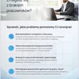 Grafika reklamowa MWork: Zmagasz się z brakiem pracowników? Sprawdź, jakie problemy pomożemy Ci rozwiązać. Mężczyzna przy laptopie w tle.