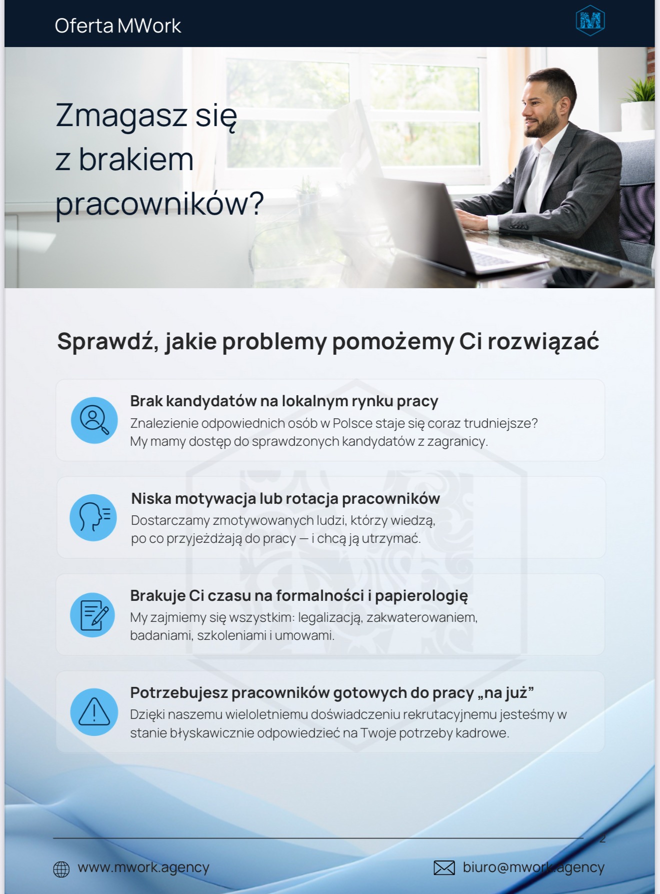 Grafika reklamowa MWork: Zmagasz się z brakiem pracowników? Sprawdź, jakie problemy pomożemy Ci rozwiązać. Mężczyzna przy laptopie w tle.